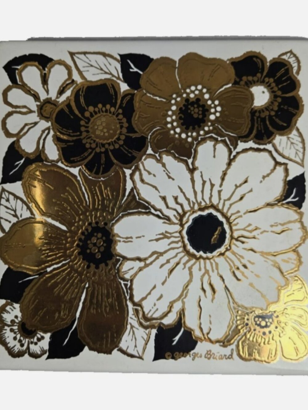 Vintage Metal Trivet Georges Briard Art Floral White Black Gold MCM Tile Decor